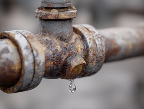 Rusty old industrial metal pipe with a leak dripping water symbolizing corrosion and maintenance issues in infrastructure systems