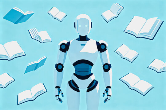 A humanoid robot stands at the center, surrounded by floating open books, illustrating the intersection of AI and knowledge learning.