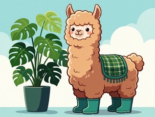 Naklejka premium Cute fluffy llama wearing green boots, plaid saddle stands by indoor monstera plant. Adorable cartoon animal character with smiling face in garden setting. Funny domestic pet illustration with pastel