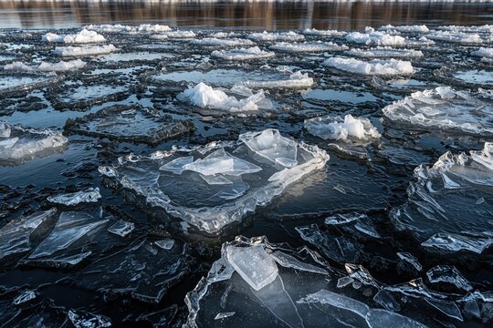 Sharp ice chunks float on dark river water surface. Broken floes create rough, dangerous patterns. Cold winter day landscape shows fragile frozen nature.