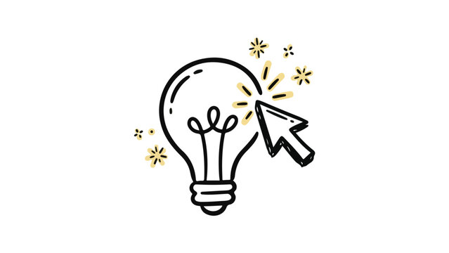 Lightbulb being clicked by a hand cursor with creative sparks radiating in a simple line-art illustration.