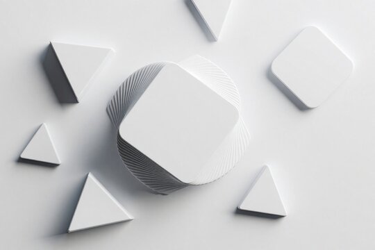 Abstract composition of white geometric shapes on plain background. Stacked square cards with rounded corners create spiral form. Scattered triangles add balance. Minimalist design.
