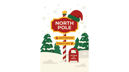 Naklejka premium North Pole wooden sign with Santa hat in snow.