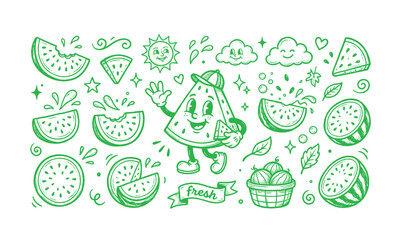 Naklejka premium Vintage watermelon fruit cartoon mascot doodle set vector illustration