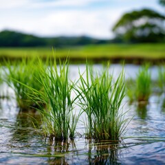 Obraz premium Vibrant green rice plants growing in flooded water field with natural background under bright daylight in agricultural farmland setting