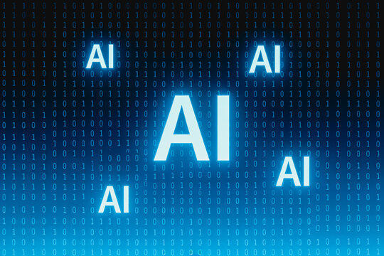 Multiple 'AI' symbols displayed over a binary digital code background, representing artificial intelligence technology.