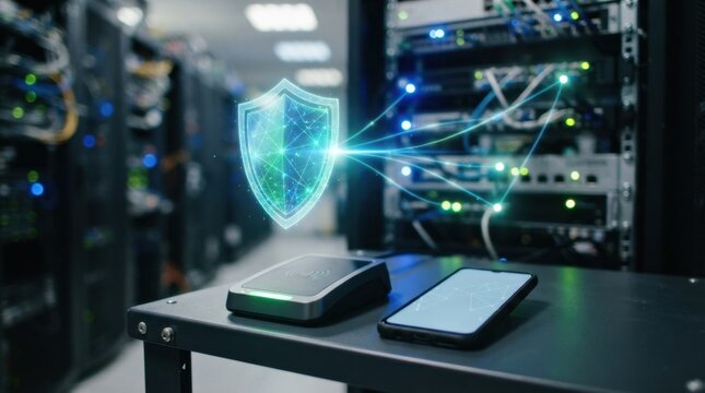 Contactless payment terminal, smartphone, server rack, shield icon, and network nodes for secure fintech infrastructure and digital banking resilience.