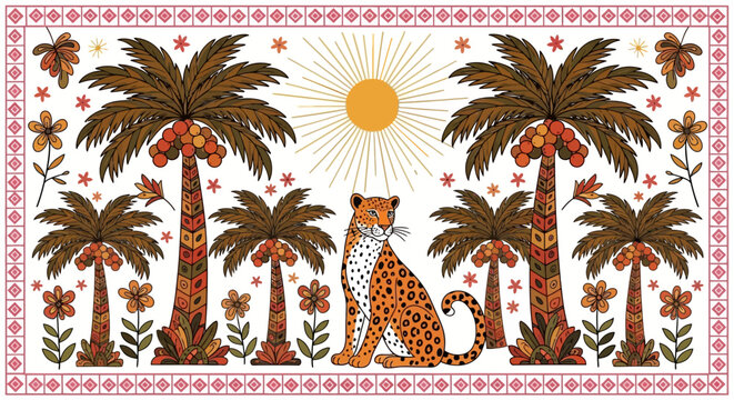 Decorative leopard and palm tree pattern with border