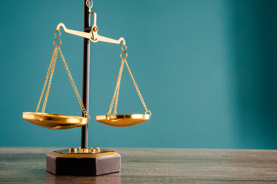 The judge holds the verdict in one hand and the gavel in the other, with scales symbolizing justice, power and legal decision-making.