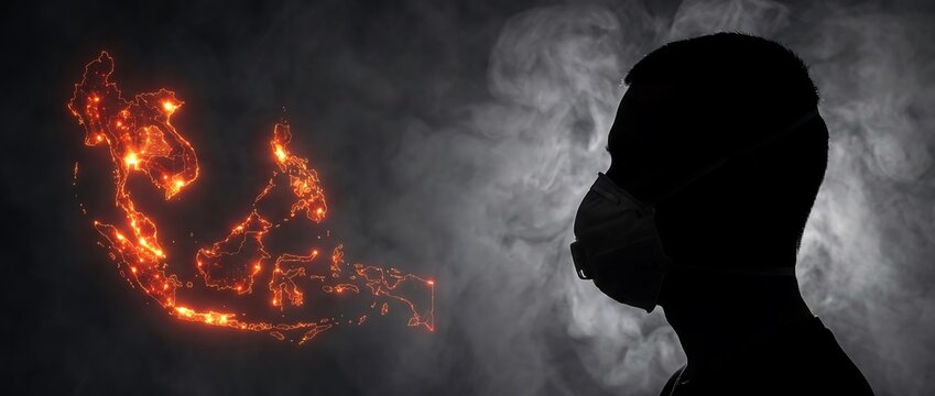 Environmental disaster in Asia, person with medical mask against wildfire smoke and burning Indonesian map illustration