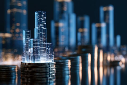 Futuristic city skyline made of illuminated glass buildings rising from stacks of coins symbolizing investment growth and financial prosperity at night