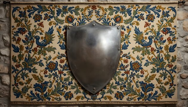 Medieval steel shield mounted on a vintage floral tapestry hanging on a rustic stone wall