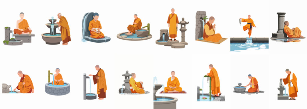 Set of illustrations depicting Buddhist monks in orange robes meditating, praying, and performing rituals near water fountains on a white background.