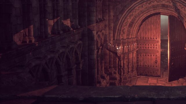 A large wooden door stands open in a stone structure. Light shines through the door, revealing stone columns and a candelabrum. The setting is dim, with shadows and textures on the walls.