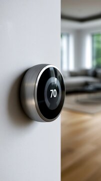 Modern smart thermostat mounted on wall displaying temperature setting with blurred cozy living room in background