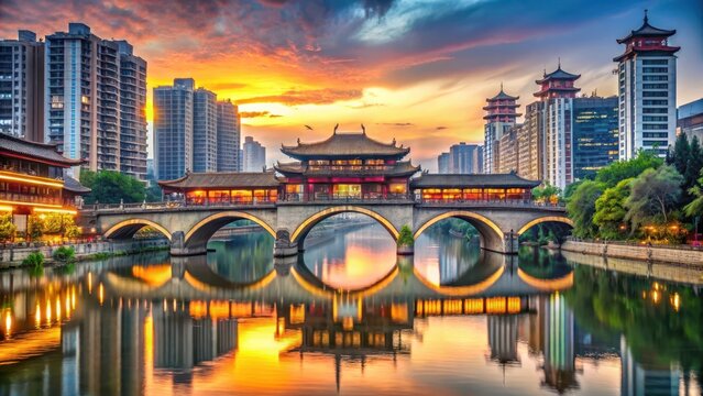Anshun bridge and river jinjiang against buildings at dusk in chengdu sichuan province china