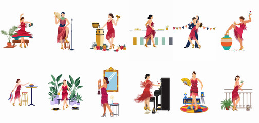 Fototapeta premium Collection of elegant 1920s flapper girl illustrations celebrating, dancing, and singing at a vintage jazz age party set against a white background.