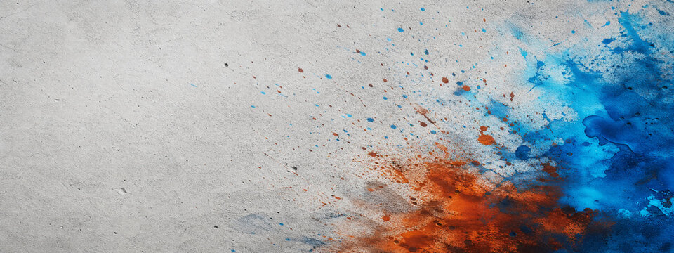 Abstract paint splash on concrete wall, blue and orange watercolor splatter background, artistic ink explosion on gray stone texture
