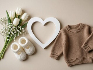 Fototapeta premium Cozy baby clothes, white tulips, and heart frame arranged on neutral surface. Items suggest pregnancy announcement, new life, and parental love. Space for text.