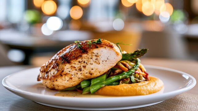 Grilled seasoned chicken breast served on a bed of vibrant saut?ed asparagus and creamy orange vegetable pur?e on a white plate with a softly lit restaurant bac