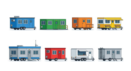Obraz premium Flat vector set of modular buildings, mobile offices, and tiny houses on white background.