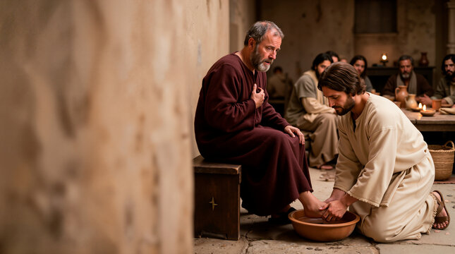 Jesus Christ kneeling to wash the feet of Saint Peter. Biblical scene of humility and service during the Last Supper. Christian religious concept