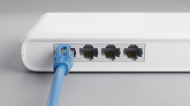 Close up of ethernet cable connected to a modern network router on a gray background