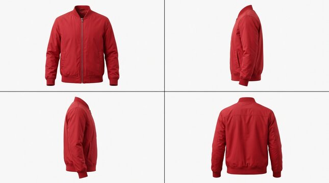 Stylish red bomber jacket displayed in four angles for fashion showcase