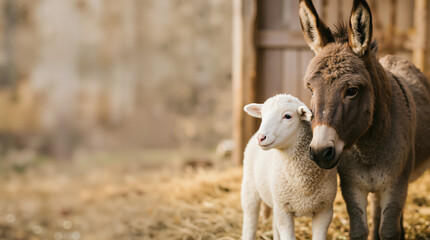 Obraz premium White lamb standing beside a gentle donkey in a rustic stable. Biblical concept of humility and christian faith. Farm animals background with copy space