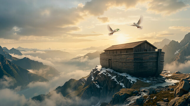 Noah's Ark resting on a mountain peak above the clouds. Two white doves flying with an olive branch in the golden sunset sky. Biblical story of hope and covenant concept
