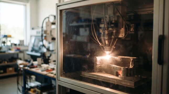 Powder-fed metal deposition system forming a layered metal wall inside a high-tech fabrication chamber