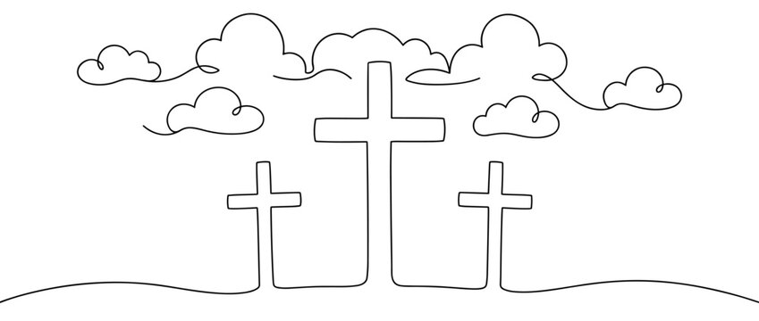 Three crosses of Calvary, single continuous line art banner. Minimalist black and white drawing of Golgotha hill with clouds. Christian symbol of Good Friday, sacrifice, faith and salvation.