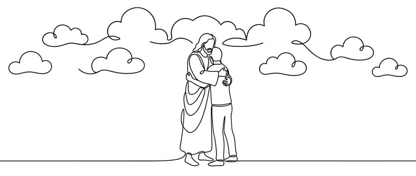 Jesus embracing a person in modern clothes, single continuous line art banner. Minimalist black and white drawing under clouds. Christian concept of comfort, forgiveness and God's love today.