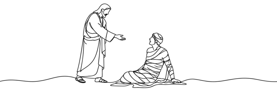Jesus healing a sick man, single continuous line art banner. Minimalist black and white drawing of Christ offering his hand to a man sitting on the ground. Biblical miracle, mercy and help concept.