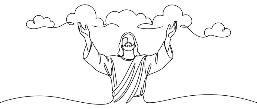 Jesus Christ raising his hands to heaven in praise, single continuous line art banner. Minimalist black and white drawing with clouds and a hillside horizon. Christian faith and prayer concept.