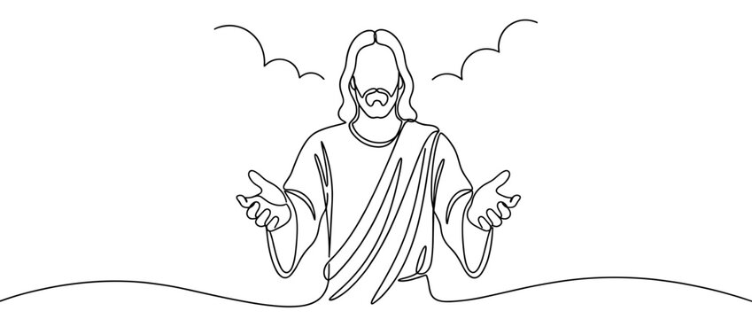 Jesus with open arms welcoming, continuous one line drawing. Minimalist black and white line art of Christ in a robe with outstretched hands, clouds and a horizon line. Christian banner illustration.