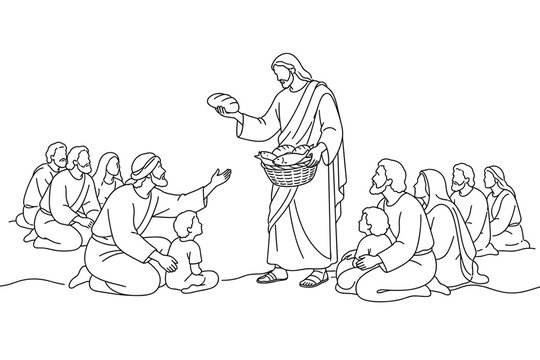 Jesus feeding the five thousand with loaves and fish, black and white line art illustration. Christ holds a basket of bread as a seated crowd of men, women and children reach out. Bible story scene.