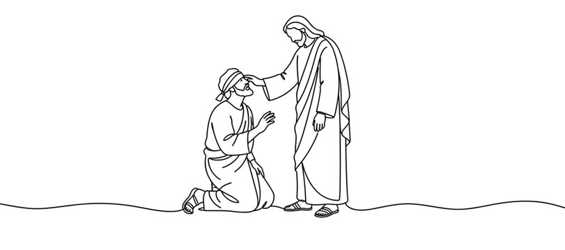 Jesus laying his hand on the head of a kneeling man, continuous one line drawing. Minimalist black and white line art of blessing, healing and prayer. Christian Bible story banner illustration.