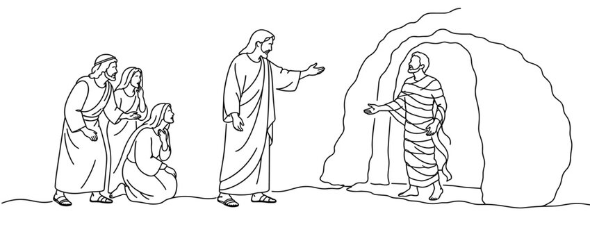 Jesus raising Lazarus from the dead, black and white line art illustration. Lazarus in burial cloths steps out of the tomb as Mary, Martha and mourners watch. Bible story miracle scene.