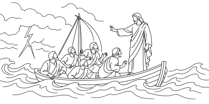 Jesus calms the storm on the Sea of Galilee, black and white line art illustration. Frightened disciples in a wooden boat among crashing waves, lightning and dark storm clouds. Bible story scene.