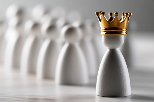 Wooden figure wearing a golden crown standing confidently in front of blurred identical figures representing leadership and authority concepts