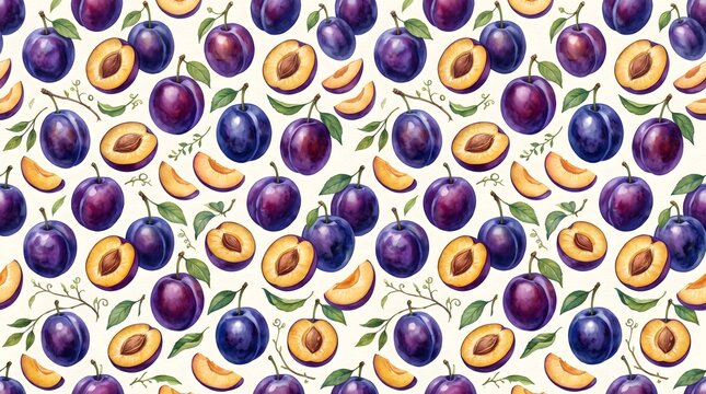Seamless Watercolor Plum Fruit Repeating Pattern With Fresh Whole Purple Plums And Sliced Golden Halves For Botanical Fabric Textile Design