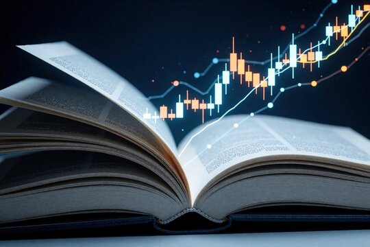 Open book displays glowing stock market graph data. Information suggests financial growth and learning concept. Financial literacy and investment ideas.