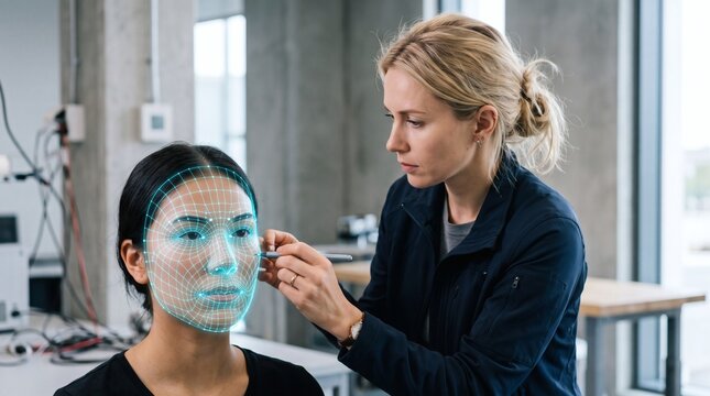 Scientist calibrating facial recognition system on a woman with a digital overlay of a face grid