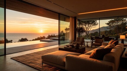 Fototapeta premium Modern luxury living room with large glass walls, panoramic ocean view at sunset. Stylish furniture including sofa, armchairs stand on rug in cozy interior. Private pool outside terrace near sea