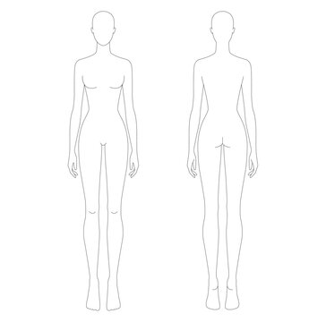 Pair of female fashion body croquis in front plus back standing views as clean nude outline silhouettes without guides. Ideal for apparel sketching, garment flats or clothing mockups