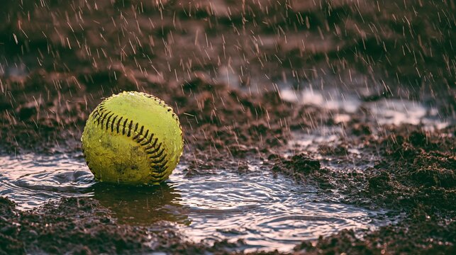 Yellow softball lying in muddy puddle on wet dirt field under heavy rain shower