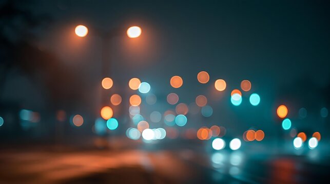 Blurred city traffic at night featuring glowing streetlights and colorful bokeh vehicle lights creating an urban street scene