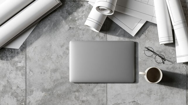 Minimalist concrete desk workspace featuring a closed laptop computer, architectural blueprints rolled up, coffee mug, and round spectacles from above