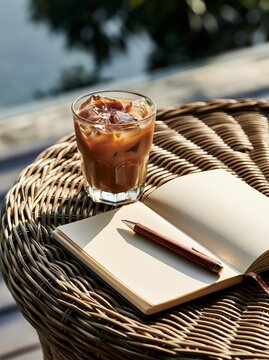 Iced coffee glass alongside blank journal and pen on wicker table outdoors with natural sunlight
